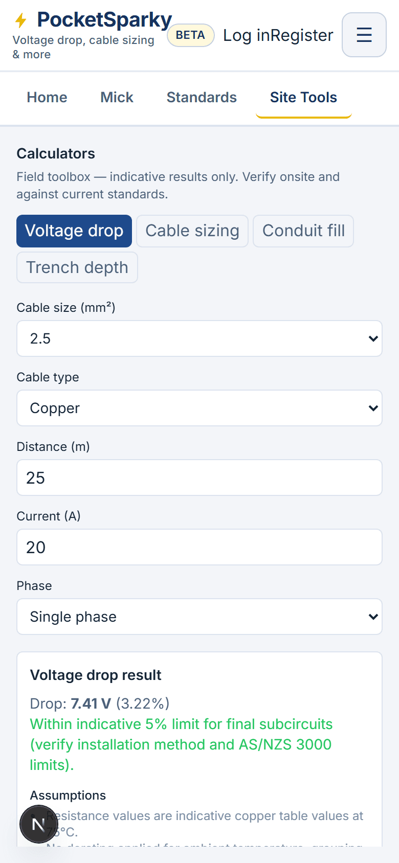PocketSparky Calculators screen showing voltage drop and cable sizing tools