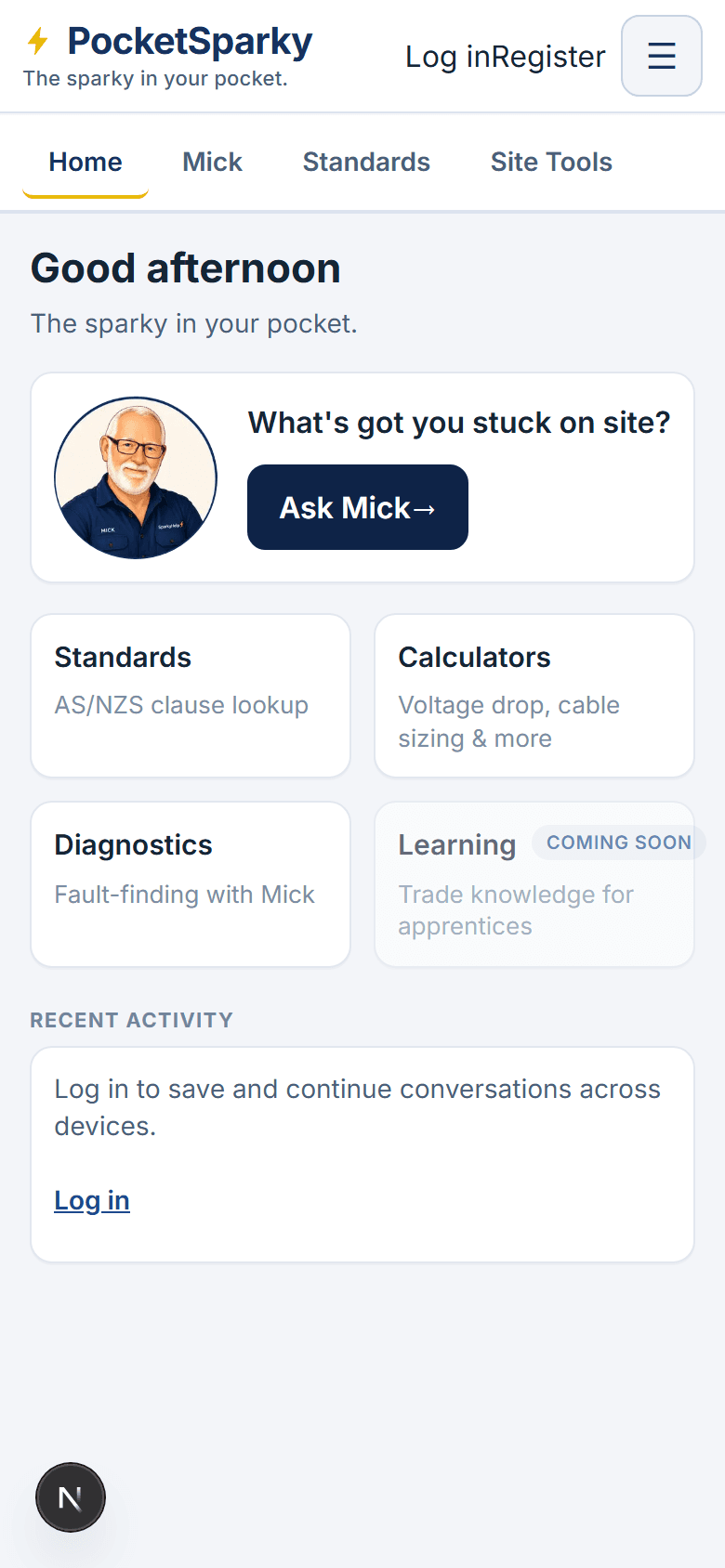 PocketSparky home dashboard showing Standards, Calculators, Diagnostics, and Ask Mick