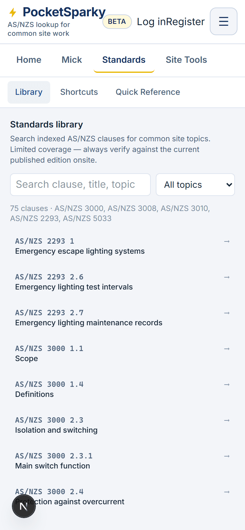 PocketSparky Standards screen showing AS/NZS clause lookup